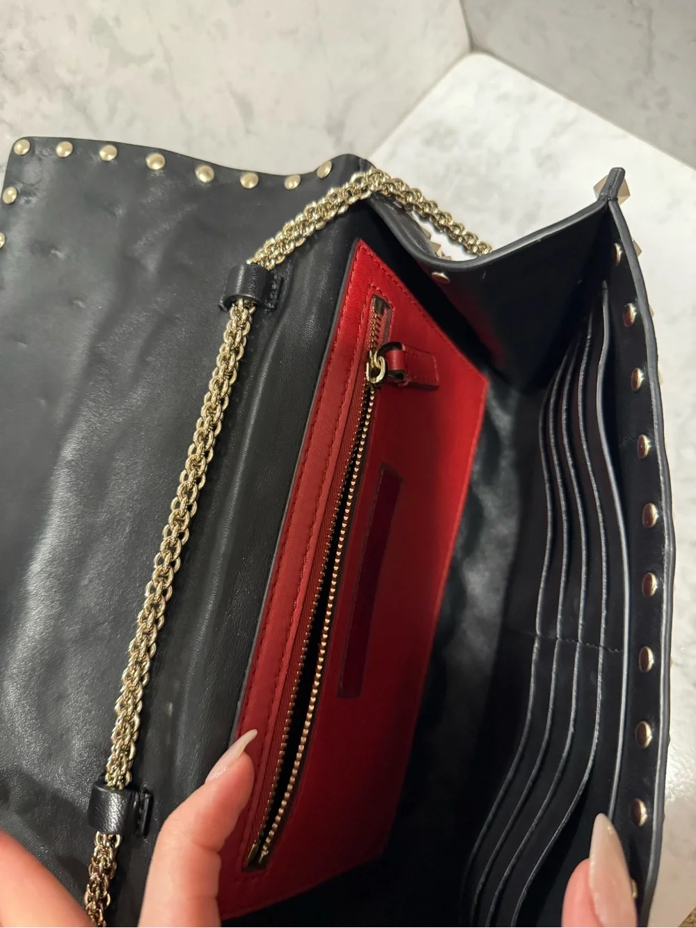 Valentino Garavani Black Quilted Studded Clutch - chain with Gold Hardware